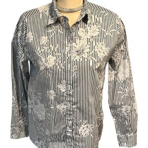 SIMON CHANG Women's Black & White Floral-Striped Button-Down Shirt Blouse Sz 8